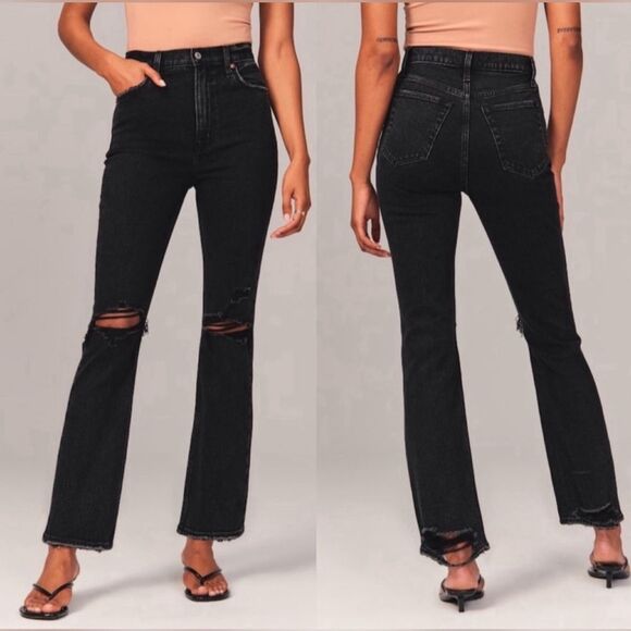 A&F Ankle Straight Ultra High Rise 28 Regular Washed Black Ripped - Picture 1 of 6